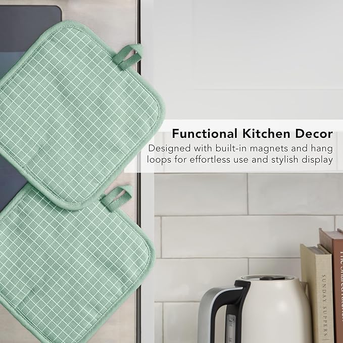 KITCHENAID Gourmet Series Gridlines Pot Holders 2-Pack Set, Heat Resistant up to 600°F, Soft Silicone Grip, Magnetic Cuff, Pistachio Green, 8"x8"