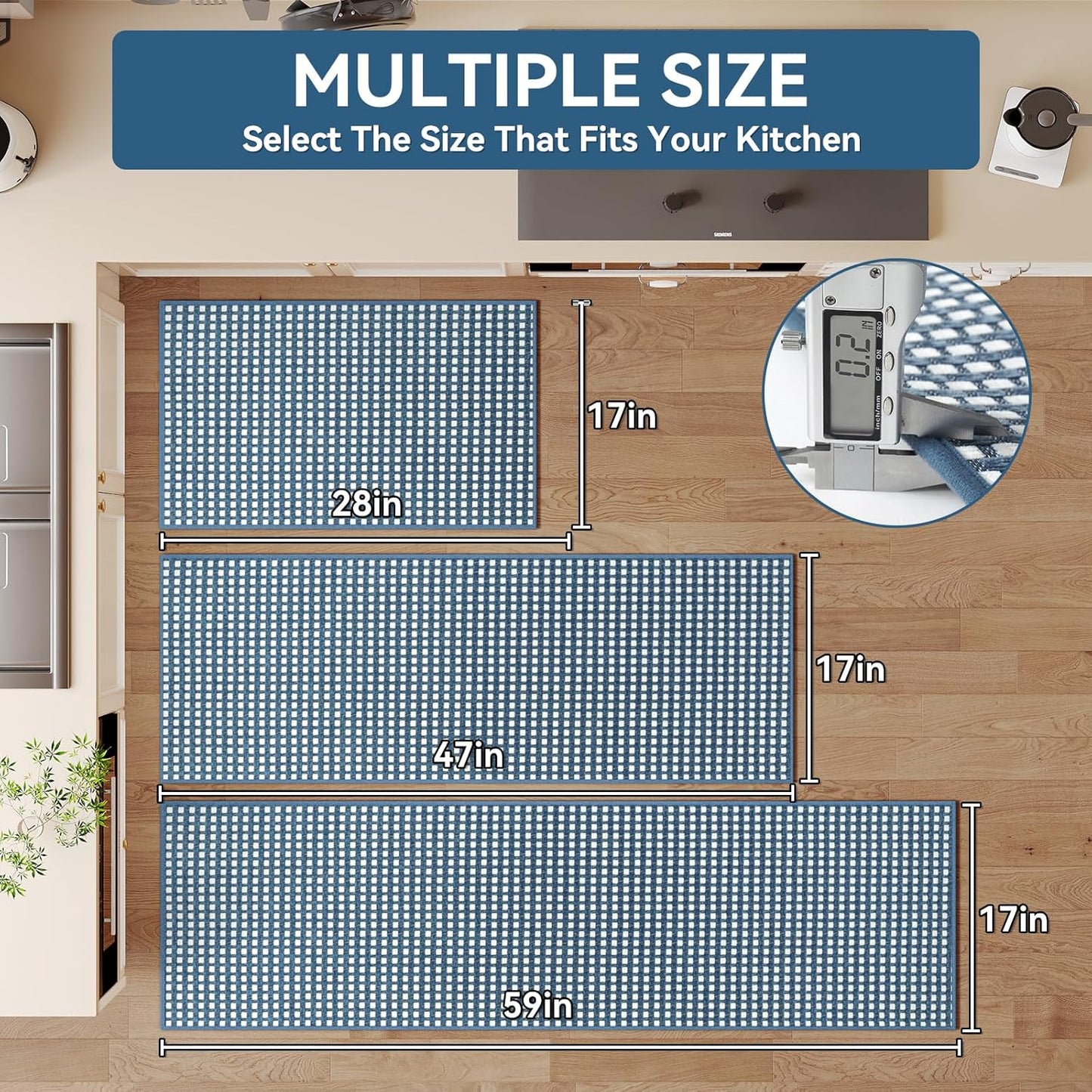 Kitchen Runner Rugs Non Slip Washable, Super Absorbent Soft Chenille Braided Kitchen Mats for Floor Rubber Backing Sink Mat Standing Hallway Floor Mat, Easy Clean, Blue 17"x59"