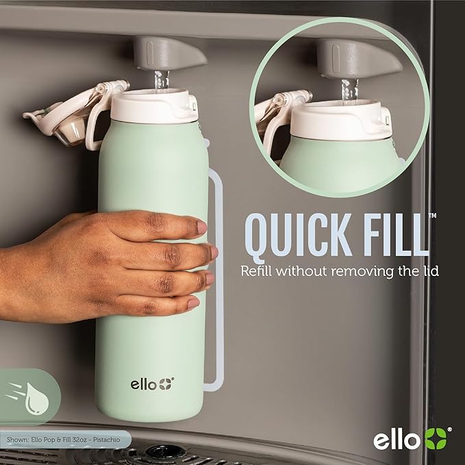 Ello Pop & Fill 22oz Stainless Steel Water Bottle with QuickFill Technology, Double Walled and Vacuum Insulated Metal, Leak Proof Locking Lid, Straw and Chug, Reusable, BPA Free, Take a Bow