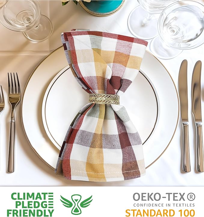 Urban Villa Harvest Cloth Dinner Napkin Set of 6 20x20 inches Fall Checks 100% Cotton Highly Absorbent Durable Reusable Washable Ideal for Farmhouse Thanksgiving Fall Everyday Use Table Napkins