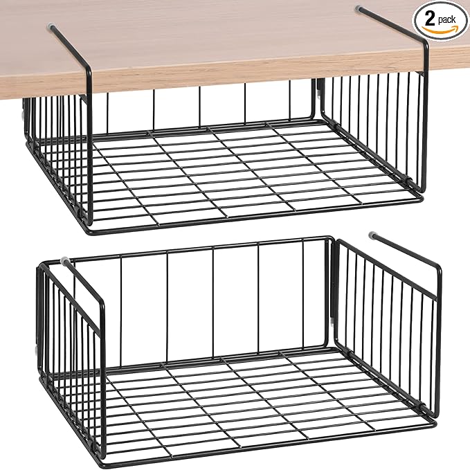 SUFAUY 2-Pack Under Shelf Basket, Under Cabinet Storage Hanging Shelf for Pantry Closet, Black