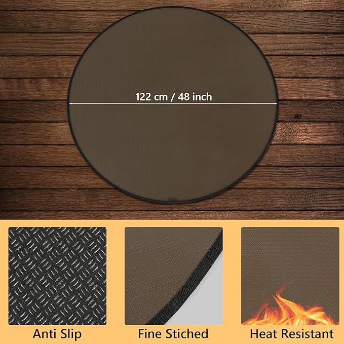 Round Under Grill Mat for Outdoor Grill, 48 Inch Anti-Slip BBQ Floor Mats, Easy to Clean Reusable Fireproof Grill Pad, Oil-Proof Waterproof Protector for Deck Fireplace Pit Mat Brown