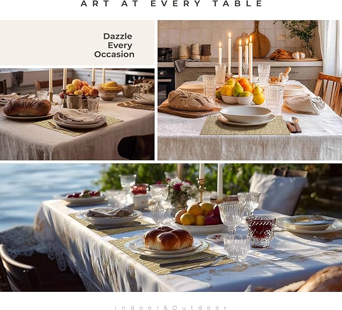 Leetaltree Gold Placemats Set of 24 - Heat Resistant Non-Slip Place mats for Dining Table, Washable Durable PVC Vinyl Woven Table Mats(Luxury Gold, 24)