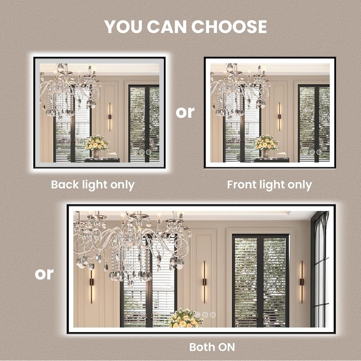 Amorho 48"x 32" LED Bathroom Mirror with Black Frame, Front Light and Backlit(Controlled Separately), Stepless Dimmable, Anti-Fog, Shatter-Proof, 3 Colors, Memory