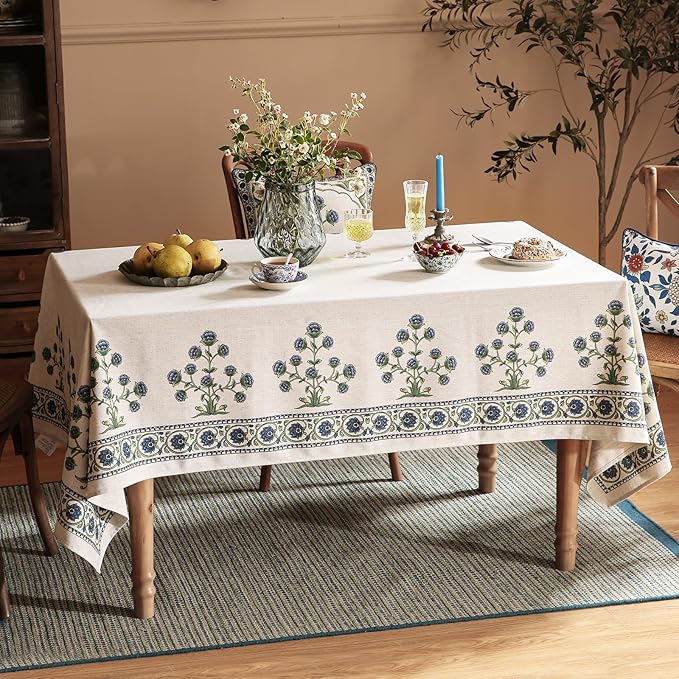 patdrea Designer Vintage Blue Rectangle Extra Long Tablecloth,Leaves Pattern Breathable Floral Table Cloth,French Table Cover for Kitchen Dining Christmas,Thanksgiving,Party,67"x118"-Ivar B