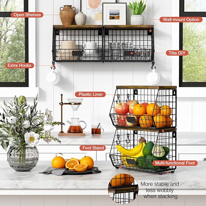 Goozii Hanging Wall Fruit Basket for Kitchen Counter 2 Pack, Stackable Wire Baskets for Organizing with Wood Lid, Potato and Onion Storage Bin with Banana Hook for Vegetable Produce, Black + Rustic