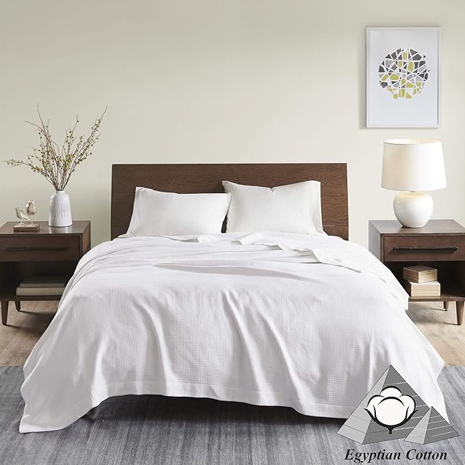 Madison Park Egyptian Cotton Luxury Blanket White 66x90 Twin Size Knit Premium Soft Cozy 100% Cerified Egyptian Cotton For Bed, Couch or Sofa