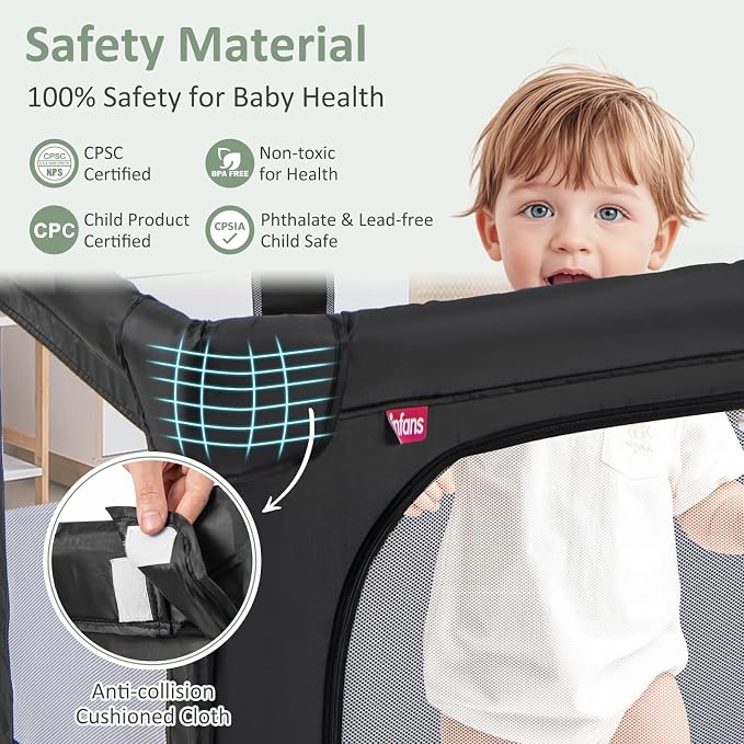INFANS Foldable Baby Playpen with Mat, 59” x 59” Large Baby Play Yard for Infant with 50 Ocean Balls, 4 Handlers, Carry Bag, Indoor Outdoor Fence Toddler Activity Center (Black, 59” x 59”)