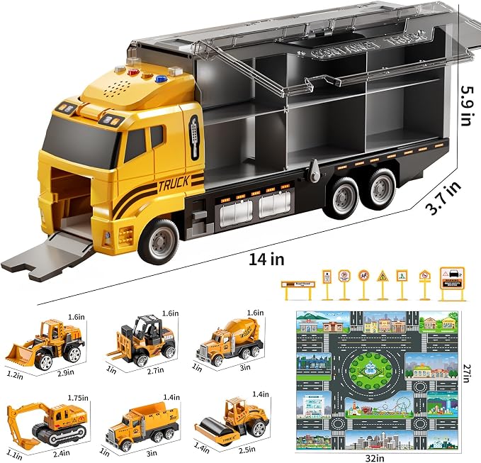 TEMI Construction Truck Set with Play Mat, Carrier Truck Toys for Kids Toddlers, Die-Cast Metal Toy Car Set, Christmas Birthday Gift for Age 3 4 5 6 + Years Old Boys Girls