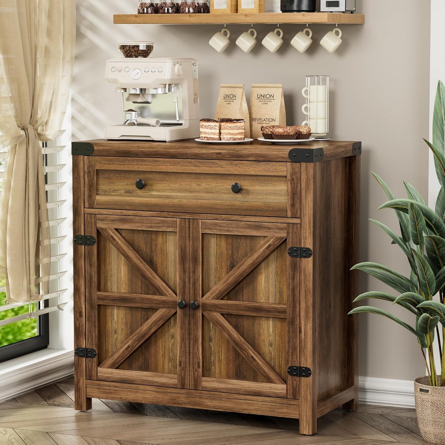 YESHOMY Farmhouse Coffee Bar Cabinet Sideboards, with Barn Doors, Spacious Drawer, Adjustable Interior Shelf, Generous Top Surface, for Kitchen, Bathroom, Entryway, Living Room, Pure Brown
