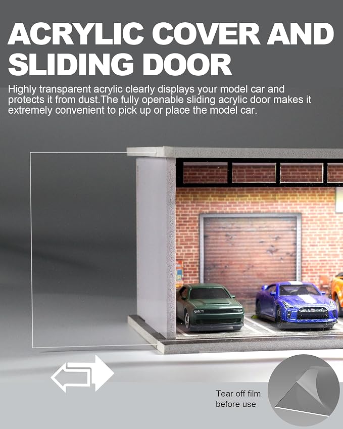 1/64 Scale Display Case Car Garage Moldel, Acrylic Cover Diecast Car Show Case with LED Light 6 Parking Spaces, Hot diecast Wheel Parking Scene (Vehicles Not Included) Car Repair Basement