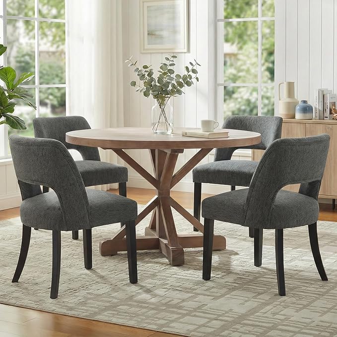 keoni Wooden Dining Chairs Set of 4, Mid Century Modern Upholstered Dining Room Chairs with Black Wood Legs, Fabric Farmhouse Kitchen Chairs with Foot Pegs for Dining Room, Dark Gray
