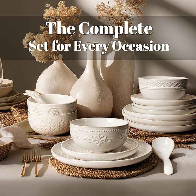 Artena Plates And Bowls Sets, 16 Pieces Dinnerware Sets, Dish Set For 4, Ceramic Kitchen Bowl And Plate Set, Embossed White Dishware Sets, Dishwasher & Microwave Safe (Damask Floral)
