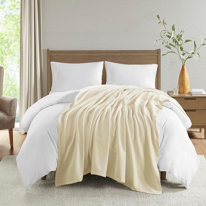 Madison Park Liquid Cotton Luxury Blanket Premium Soft Cozy 100% Ring Spun Cotton For Bed , Couch or Sofa, King, Ivory