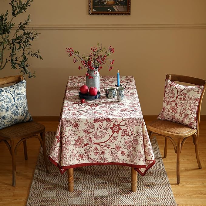 ISAENNE Designer French Linen Small Square Tablecloth,Red Floral Washable Indoor Table Cloth,Durable Home Decor Tablecloths for Dining Thanksgiving Kitchen Tea Party Christmas,55"*55"-Ruyi A