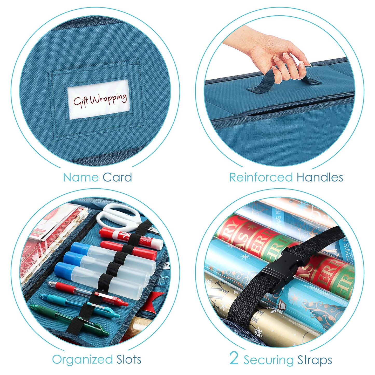 Hearth & Harbor Wrapping Paper Storage Container - Christmas Storage Bag with Ribbon Dispenser and Interior Pockets - Gift Wrap Organizer Fits Up to 26 Rolls of 40" Length, Blue
