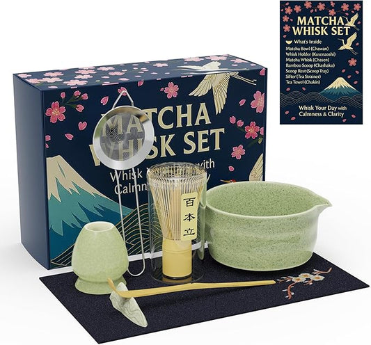 8-Piece Matcha Whisk Set – Ceramic Bowl & Bamboo Tools, Complete Japanese Matcha Tea Ceremony Kit, Green Speckled Chawan with Spout, Matcha Starter Set for Home Rituals & Gifts