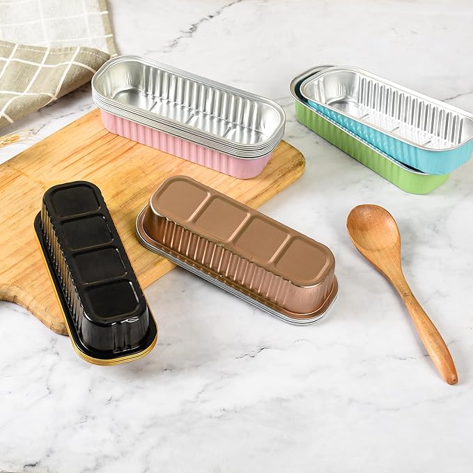 Findful Mini Loaf Baking Pans with Lids and Spoons (50 Pack, 6.8oz) Rectangle Aluminum Foil Baking Pans Tins Containers - Cupcake Containers Wrappers Cheesecake Creme Brulee Ramekins