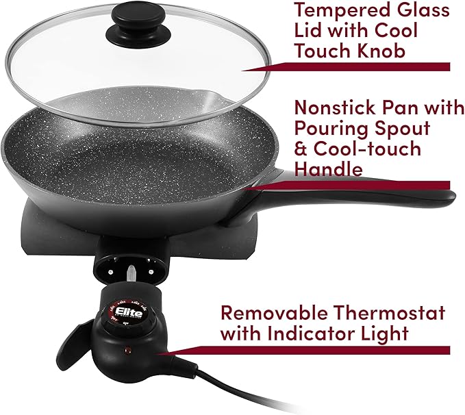 Elite Gourmet EG6207# Scratch Resistant 10.5-inch (2Qt) Fry Pan, Easy-Pour Spout Dishwasher Safe, Non-stick Electric Skillet with Vented Glass Lid, Adjustable Temperature, Black