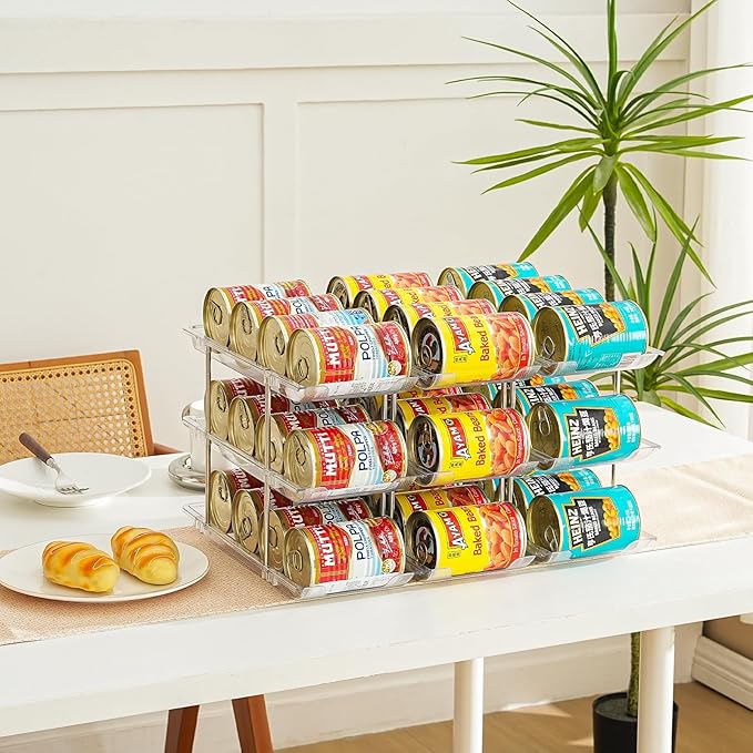 Amllas Can Organizer for Pantry, Stacking Can Storage Organizer Pantry, Automatic Rolling Can Rack for Fridge, 3Tire 3 Columns Can Holder for 36 Cans, Canned Goods Organizer