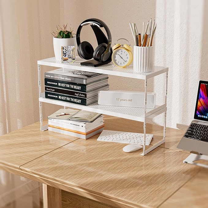 Stackable Expandable Metal Shelf Organizer - Adjustable Wire Storage Rack with Holes for Kitchen, Bathroom, Cabinet, Office - Space Saving, Durable & Sturdy Design（3PACKS/Medium/White