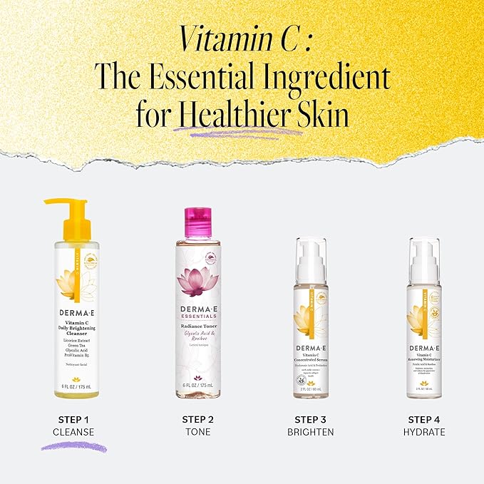 Derma E Vitamin C Cleanser - Daily Brightening & Hydrating Face Wash to Even Out Skin Tone – Moisturizing Face Cleanser for a Radiant Glow, 6 fl oz