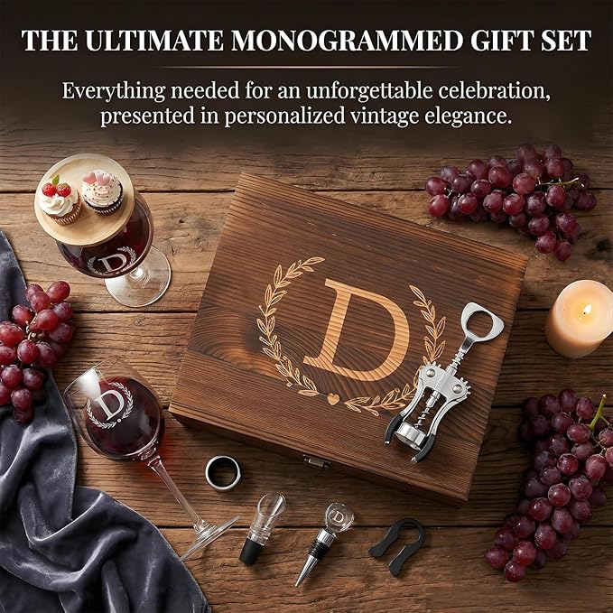 GZLDGIFTS Personalized Initial Wine Glasses Box Gift Set For Women Mom Engraved Birthday Monogrammed Wooden Christmas Gifts Wedding Anniversary Wine Couples Stopper Opener Initial Letterr (Y Set)