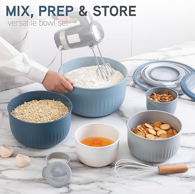COOK WITH COLOR Prep Bowls with Lids- Wide and Deep Nesting Plastic Small Mixing Bowl Set with Lids, 12 Piece Set - Deep Bowls, Blue/Grey