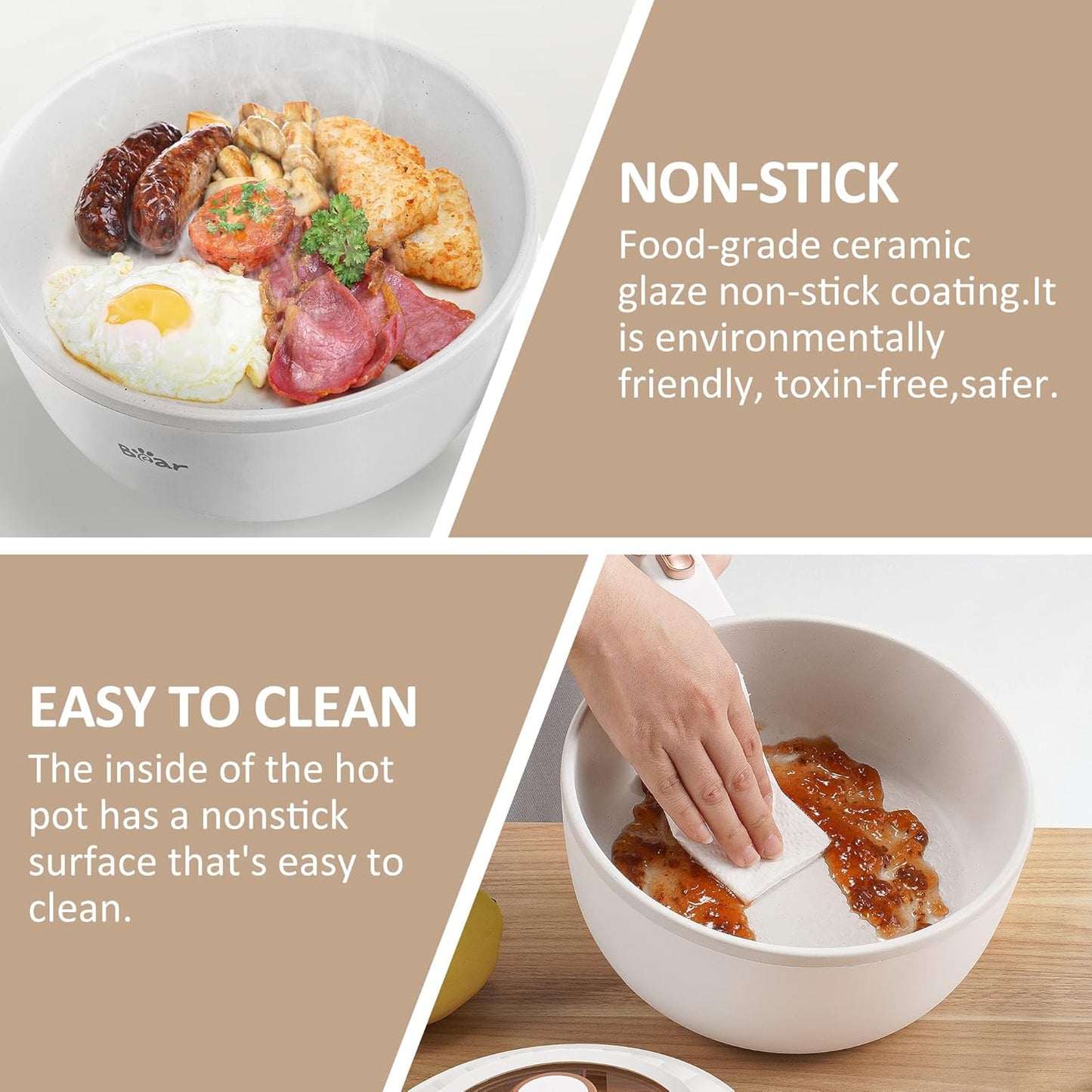 Bear Hot Pot Electric, 2L Multifunctional Portable Cooking Pot, 1000W Rapid Noodles Electric, Non-Stick Frying Pans for Steak, Egg, Ramen, Oatmeal With Dual Power Adjustment