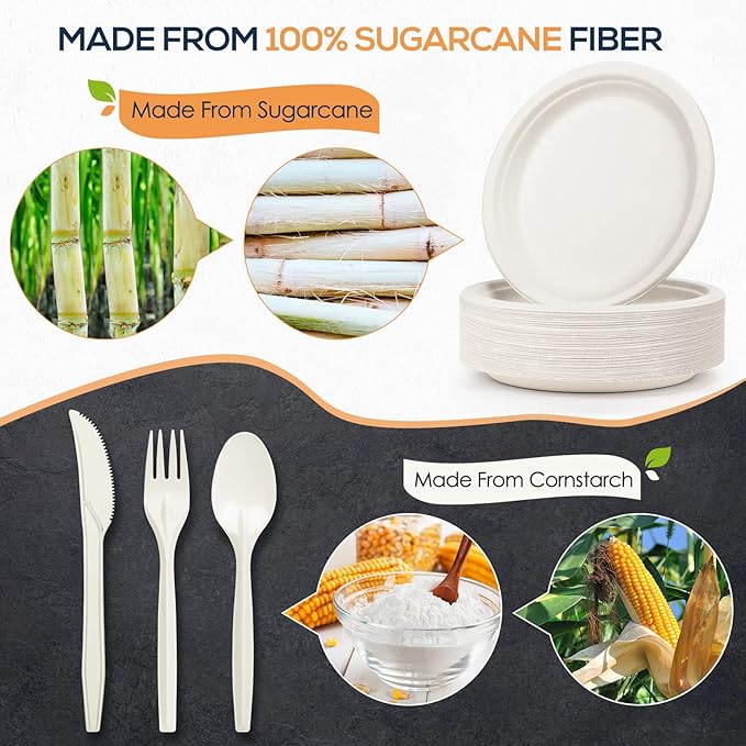 Gezond Compostable Paper Plates 250pcs Disposable Plates Heavy-Duty Paper Plates Biodegradable White Plates for Party Sugarcane Plates Cornstarch Forks Knives Spoons for 50 Guests