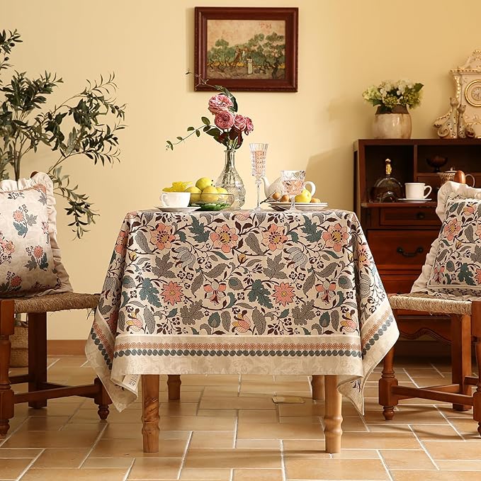 ISAENNE Designer Boho Floral Rectangular Tablecloth,Linen Lotus Flower Pattern Colorful Indoor Table Cloth,Durable Decor Tablecloths for Dining Thanksgiving Kitchen Christmas,55"*87"-Hazel A