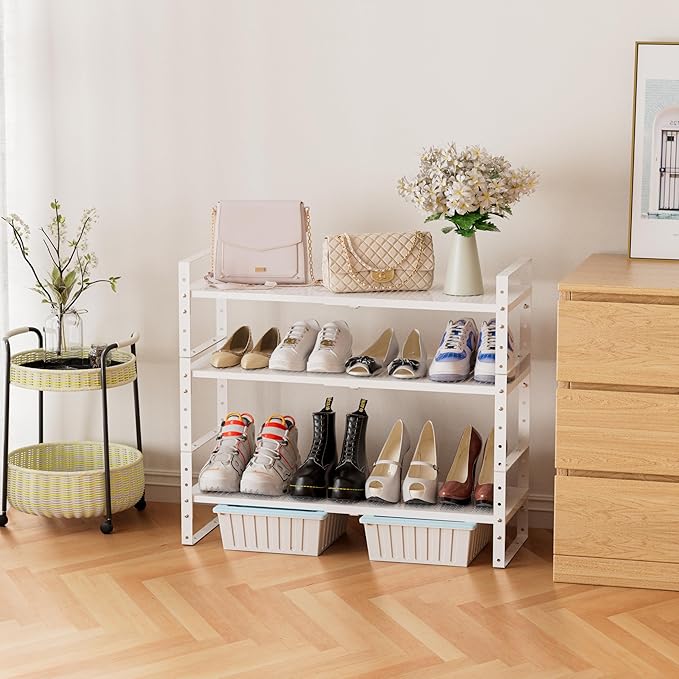 Expandable Stackable Aadjustable Shoe Rack Pantry Shelf for Kitchen Cabinets Counter Shelves Countertop Cupboard Storage Solution,Sturdy Heavy-Duty Metal Construction(1Pack/White/Medium)