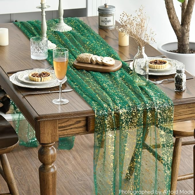 Artoid Mode Green Gold Gauze Table Runner 120 Inch 10FT, Glitter Metallic Foil Sheer Dining Wedding Anniversary Holiday Table Decor for Home Party