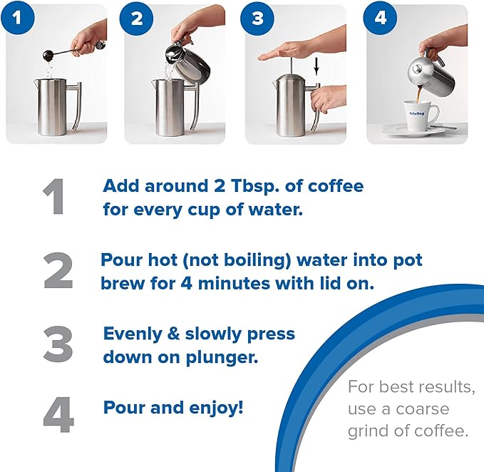 Frieling French Press Coffee Maker - 17 oz, Polished Stainless Steel - Double-Wall Insulated French Press & Cold Brew Pitcher for Camping & Travel - Manual Non-Plastic Coffee Maker