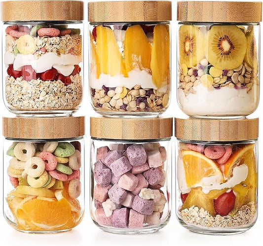 6 Pack 16oz Glass Overnight Oats Jars - Airtight Containers with Bamboo Lids, Wide Mouth Mason Jars for Salad, Yogurt, Snacks & Food Storage