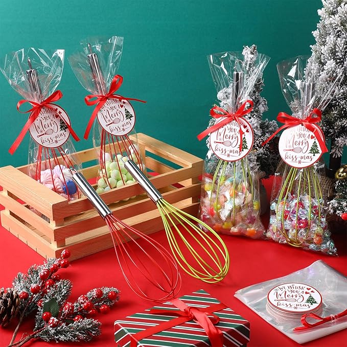 16 Sets 12 Inch Christmas Whisks Gifts DIY Fillable Christmas Tree Ornaments Xmas Colored Silicone Whisks for Cooking Heat Resistant Egg Beaters with Card Rope Bag for Candy Holder