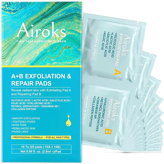 A+B Exfoliating & Repair Face Pads 10 Tx - 2-Step Acid Peel Serum Treatment with Glycolic, Salicylic, Kojic Acid & Retinol Hyaluronic Peptides for Smooth Skin, Pore Minimizer, Hyperpigmentation