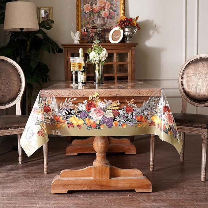 Clear Table Cover Protector Vinyl PVC Rectangle Table Cloth with Floral Fruit Pattern Oil Spill Proof Plastic Tablecloths for Dining Tables Parties Holidays (Floral Fruit, 55 x 120 Inches)