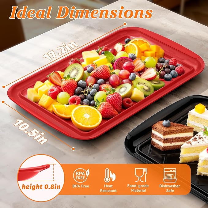 Serving Trays for Party - Set of 2, Large Serving Platters for Raw and Cooked Food, Dishwasher Safe, 17×10.5-inch Stackable Plastic Party Supplies for Grilling, BBQ, Meal Prep (Red, Black)