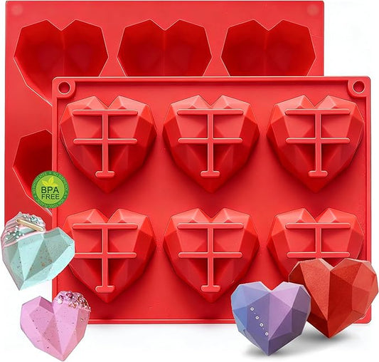 3D Diamond Heart Silicone Molds 2 Pack 12-Cavity Valentine Love Shape for Hot Cocoa Bombs, Chocolate, Cake, Soap, Jelly, Candy, Ice Cube DIY Baking & Party Gift Making