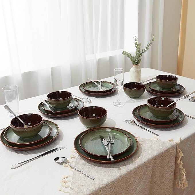 Pokini 16 Piece Double Bowl Dinnerware Sets with Pasta Bowls, Highly Chip and Crack Resistant Plates and Bowls Sets, Natural Earthyware Ceramic Dishware Sets, Service for 4 Sage Green