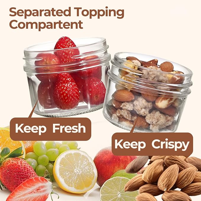 ComSaf Overnight Oats Containers with Lids (16oz+4oz, 6Pcs), Dual-Layer Chia Pudding Jars with Dry and Wet Separation, Yogurt Parfait Cups for Oatmeal Cereal Nut Fruit, Meal Prep Glass Jars for Salad