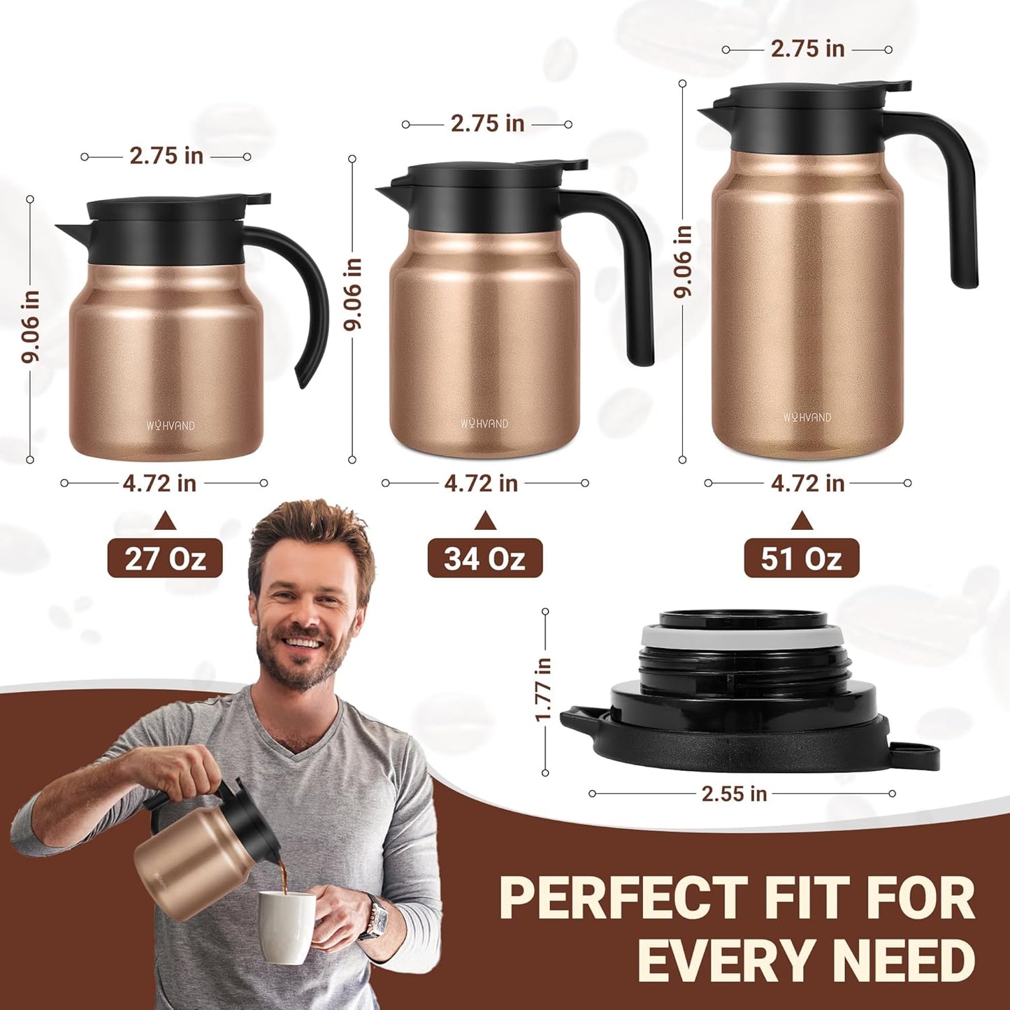 27Oz Thermal Coffee Carafes For Keeping Hot/Cold, Stainless Steel Coffee Carafe, Dustproof Insulated Water Carafe for Party/Home, Copper