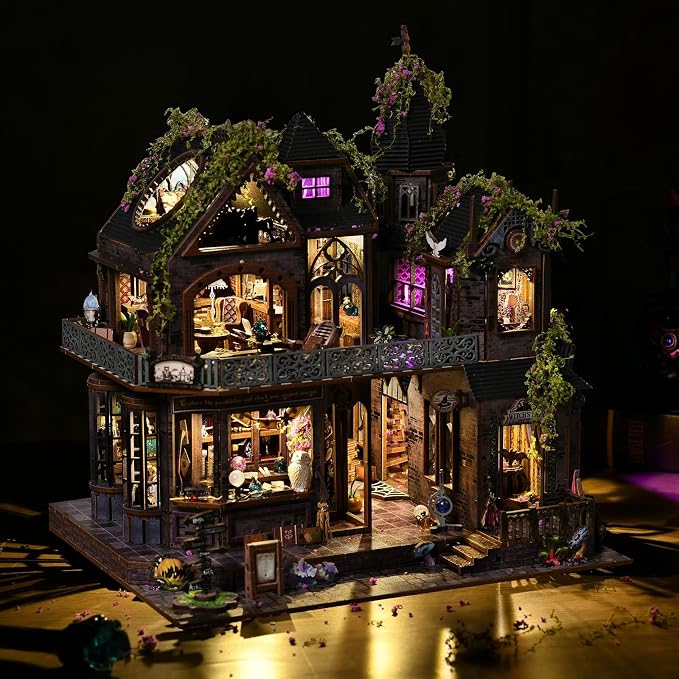 DIY Miniature House Kit, Dollhouse Magic City Gothic Witch House for Adults to Build, Birthday/Christmas Day Gift for Family and Friends, Prefab Tiny Home with LED Lights,Magic Castle