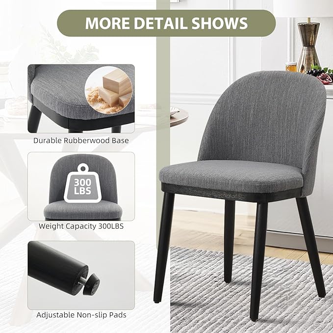 Wooden Dining Chairs Set of 2,Upholstered Kitchen Dining Room Chairs with Curved Backrest and Wood Leg,Modern Fabric Farmhouse Dinner Chair for Restaurant/Cafe,Grey