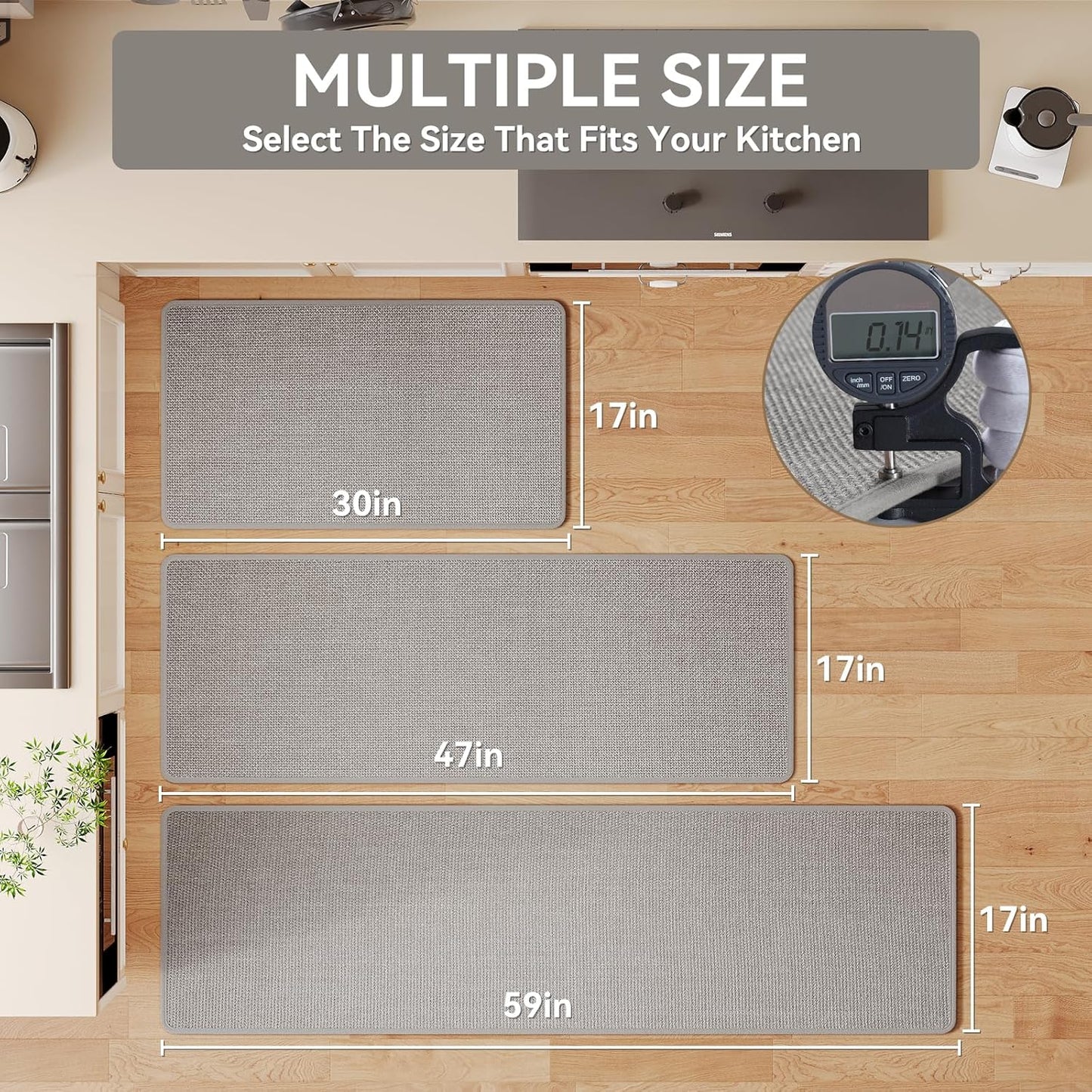 Kitchen Rugs and Mats Non Skid Washable Set of 2 PCS, Absorbent Runner Rugs for Kitchen, Front of Sink, Kitchen Mats for Floor, Grey 17x30+17x59
