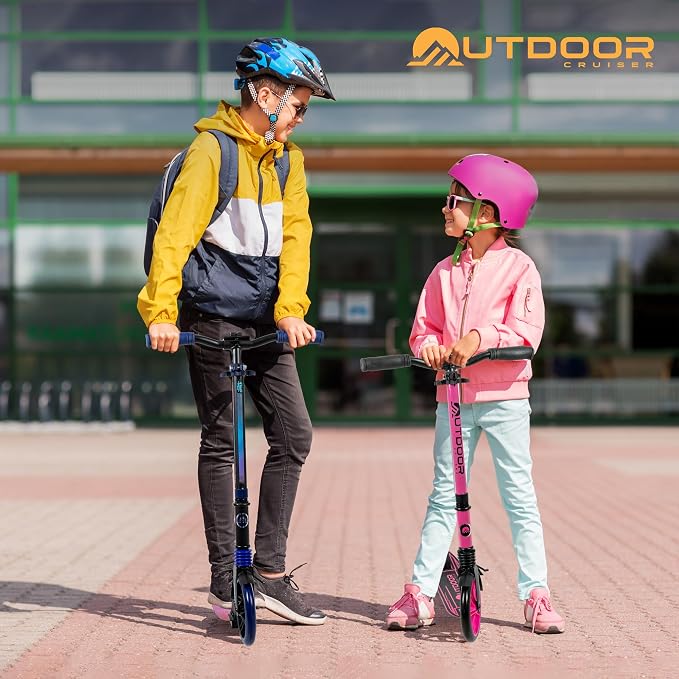 Outdoor Cruiser Kick Scooter for Ages 6+, for Kids, Teens, and Adults, Max Load 250 LBS, Foldable, 8-inch Big Wheels, Dual Suspension, 3 Adjustable Levels, Child Safety Approved, Purple