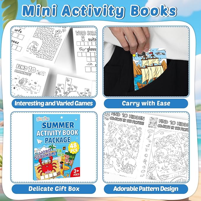 gisgfim 96 PCS Summer Mini Activity Books Coloring Books Party Favors Bulk Challenging Game Include Maze Dot to Dot Word Search Word Scramble for Ages 4-12 Goodie Bags Stuffers Kids Wedding Activities