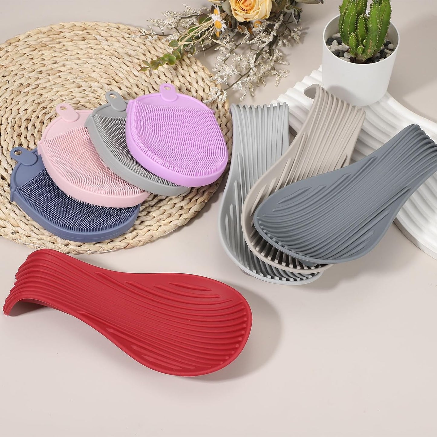 uxcell 1 Set Silicone Spoon Rest for Stove Top, Silicone Spoon Holder for Cooking Spatula, Ladle, Brush Light Grey/Grey