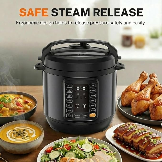 Simple Deluxe 6QT Electric Pressure Cooker, 16-in-1 & Non-Stick Stainless Steel Multi Cooker with 12 Presets for Slow Cook, Meat Stew, Steam, Sauté, Canning, Yogurt Maker, Dishwasher Safe, Black